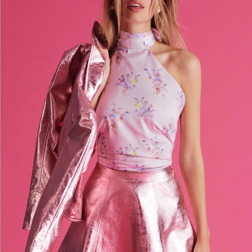 LoveShackFancy metallic pink mini skirt
